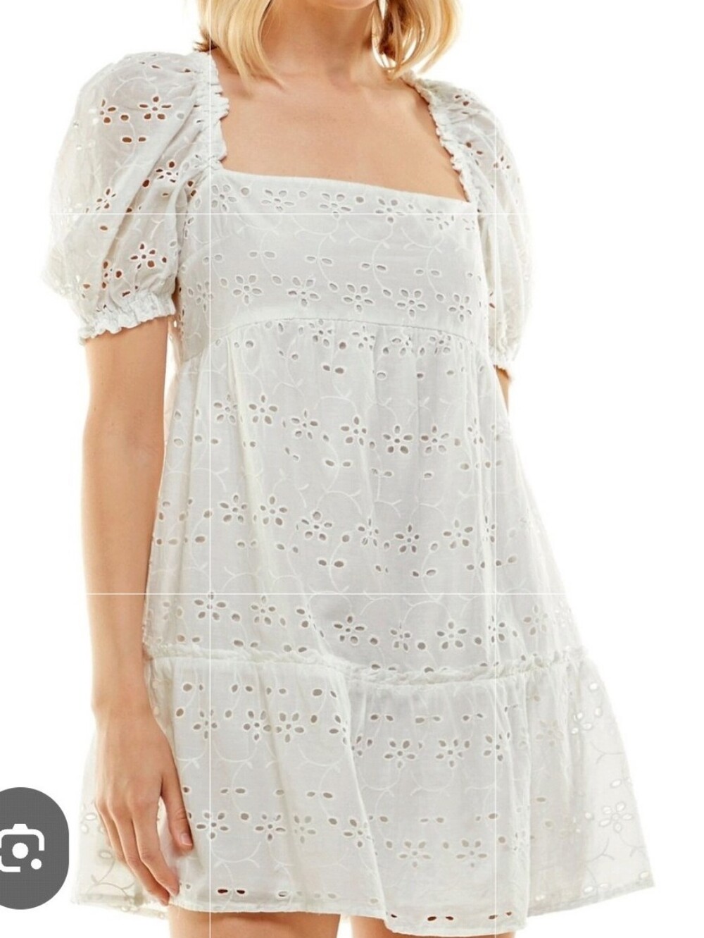White Eyelet Square-Neck Puff Sleeve Mini Dress